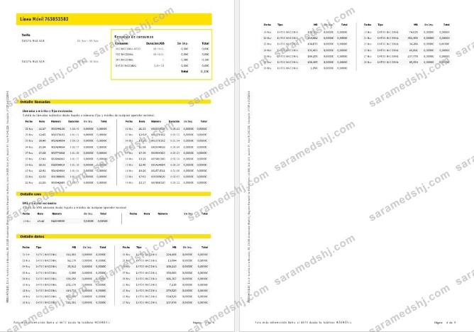 Spain Masmovil internet and mobile utility  bill Word and PDF formats, 5 pages.